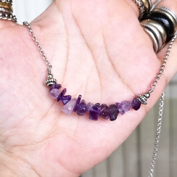 π΄Genuine amethyst chips bar simple steel choker - Picture 2 of 9